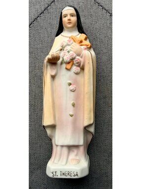 Saint Therese Of Lisieux Statue Ceramic The Little Flower Crucifix & Flowers 6"